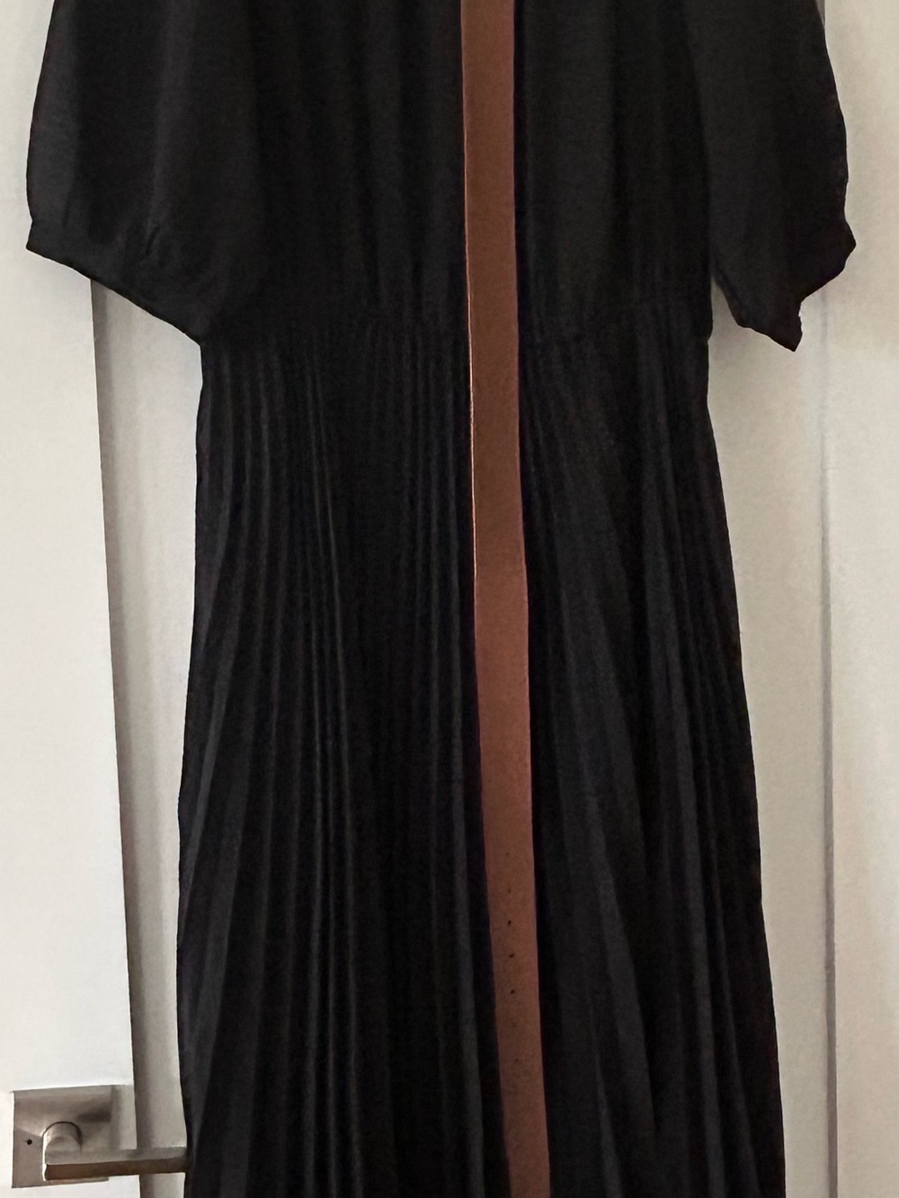 City Chic Black Dress - Sheer Top and Sleeves & Pleated Skirt, Brown Belt - Picture 4 of 14